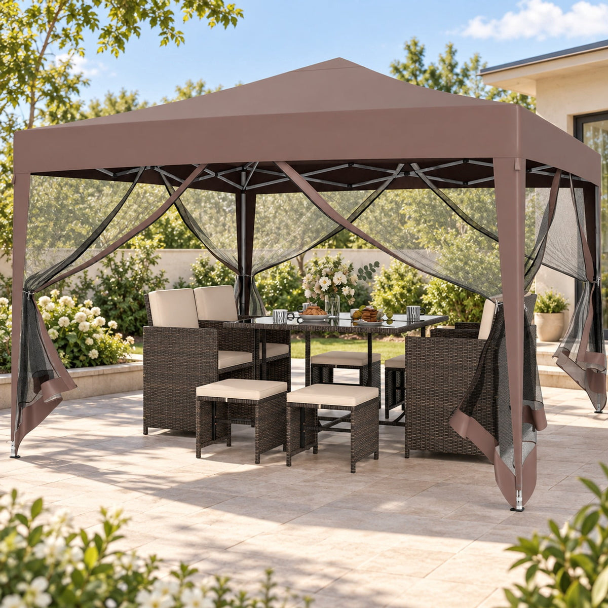 Airfind 10 FT x 10 FT Pop-Up Canopy Tent Easy Setup Instant Folding Shelter with Mesh Netting, 210D Oxford Fabric Frame, Coffee