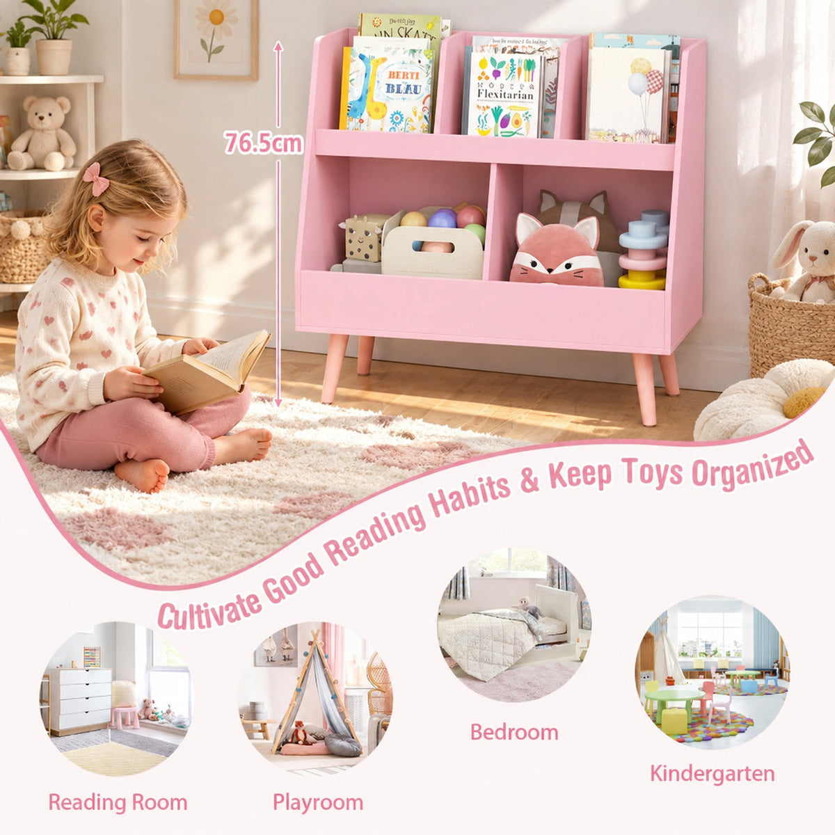 Airfind 5-Cube Kids Bookshelf and Toy Organizer with Anti-Tipping Kits, 68 lbs Capacity, MDF Solid Wood Frame, Pink