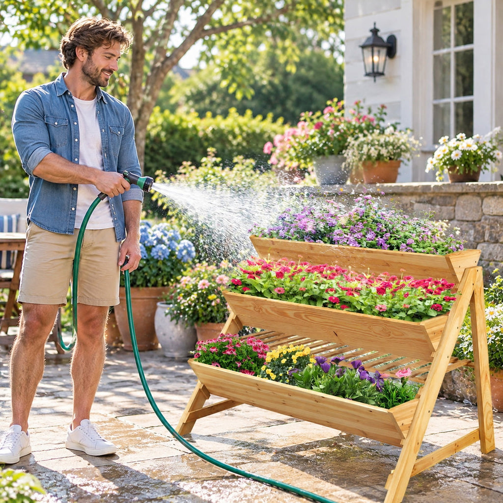 Airfind 3 Tier Wooden Vertical Raised Garden Bed with Storage Shelf, Fir wood Frame, 47 x 30 x 32 Footprint, Natural