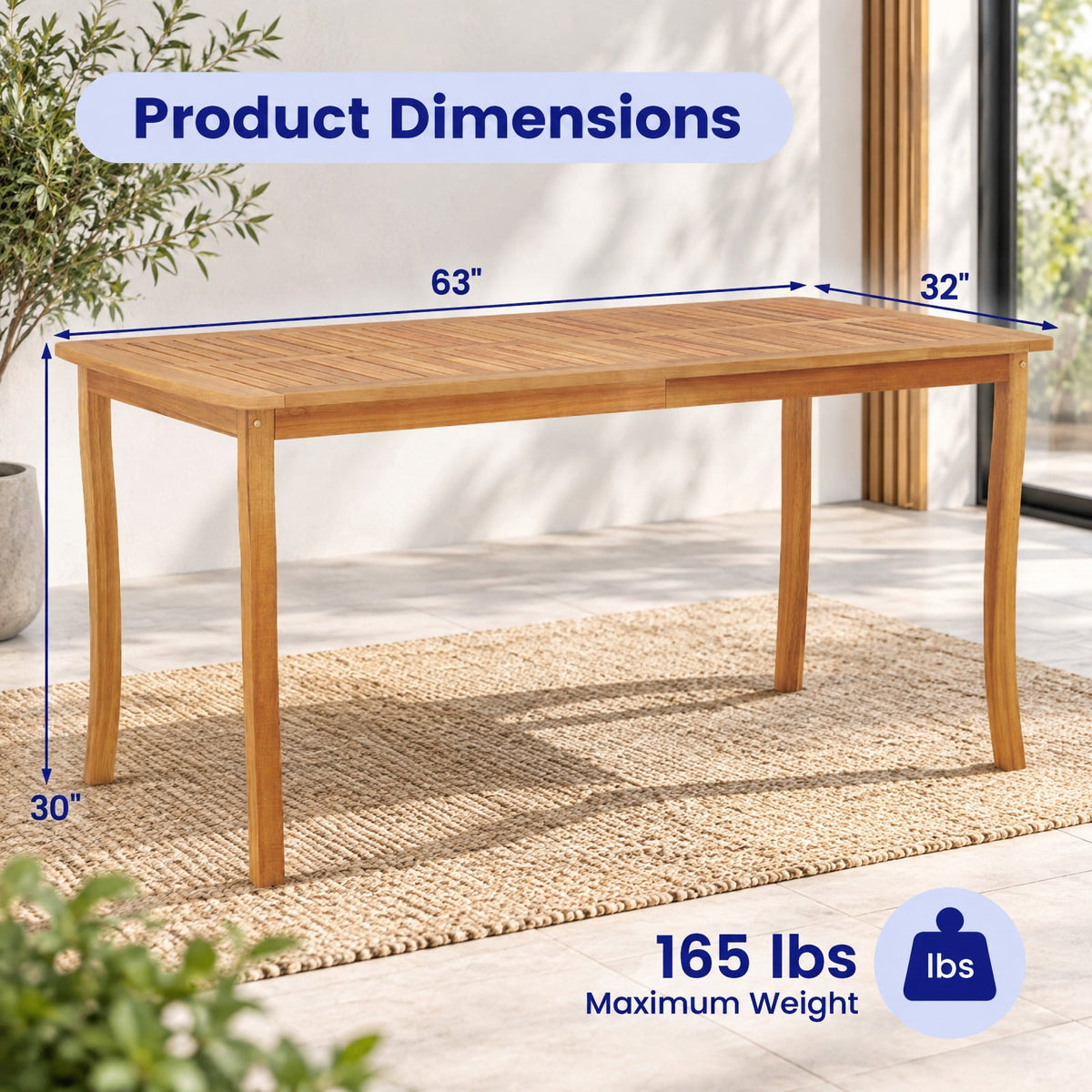 Airfind 63 inch Outdoor Dining Table with Umbrella Hole Farmhouse Bistro Dinette Furniture, 165 lbs Capacity, Acacia Wood Frame, Natural