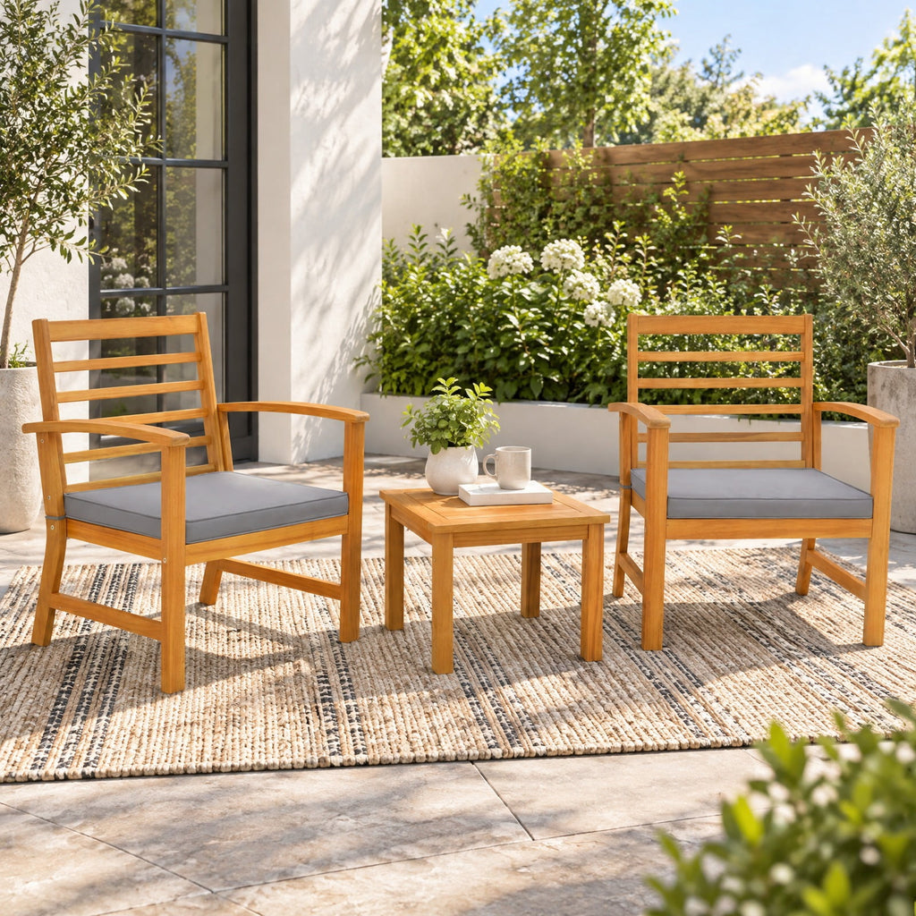 Airfind 3 Pieces Outdoor Furniture Set with Soft Seat Cushions, Chair 400 lbs Capacity, Acacia Wood Sponge Polyester Frame, Gray