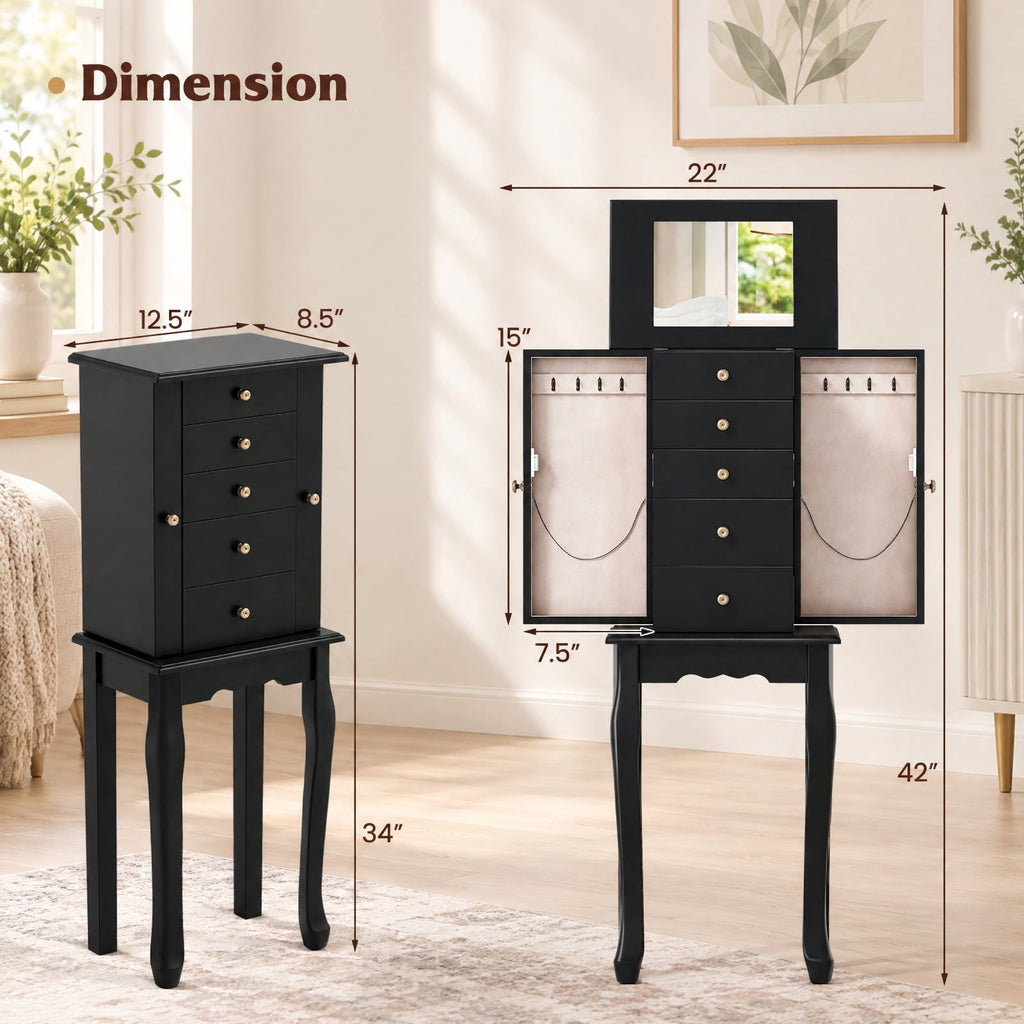 Airfind 2 Colors Armoire Storage Standing Jewelry Cabinet with Mirror, MDF Glass Frame, 12.5 x 8.5 x 34 Footprint, Black
