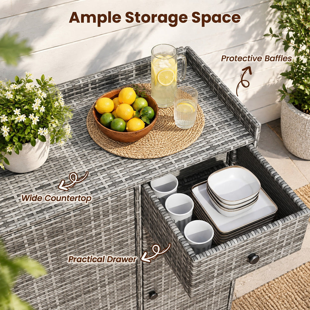 Airfind 3 Doors Outdoor PE Wicker Storage Cabinet for Deck, 110 lbs Capacity, PE Rattan Metal Frame, 48 x 17 x 40 Footprint, Gray