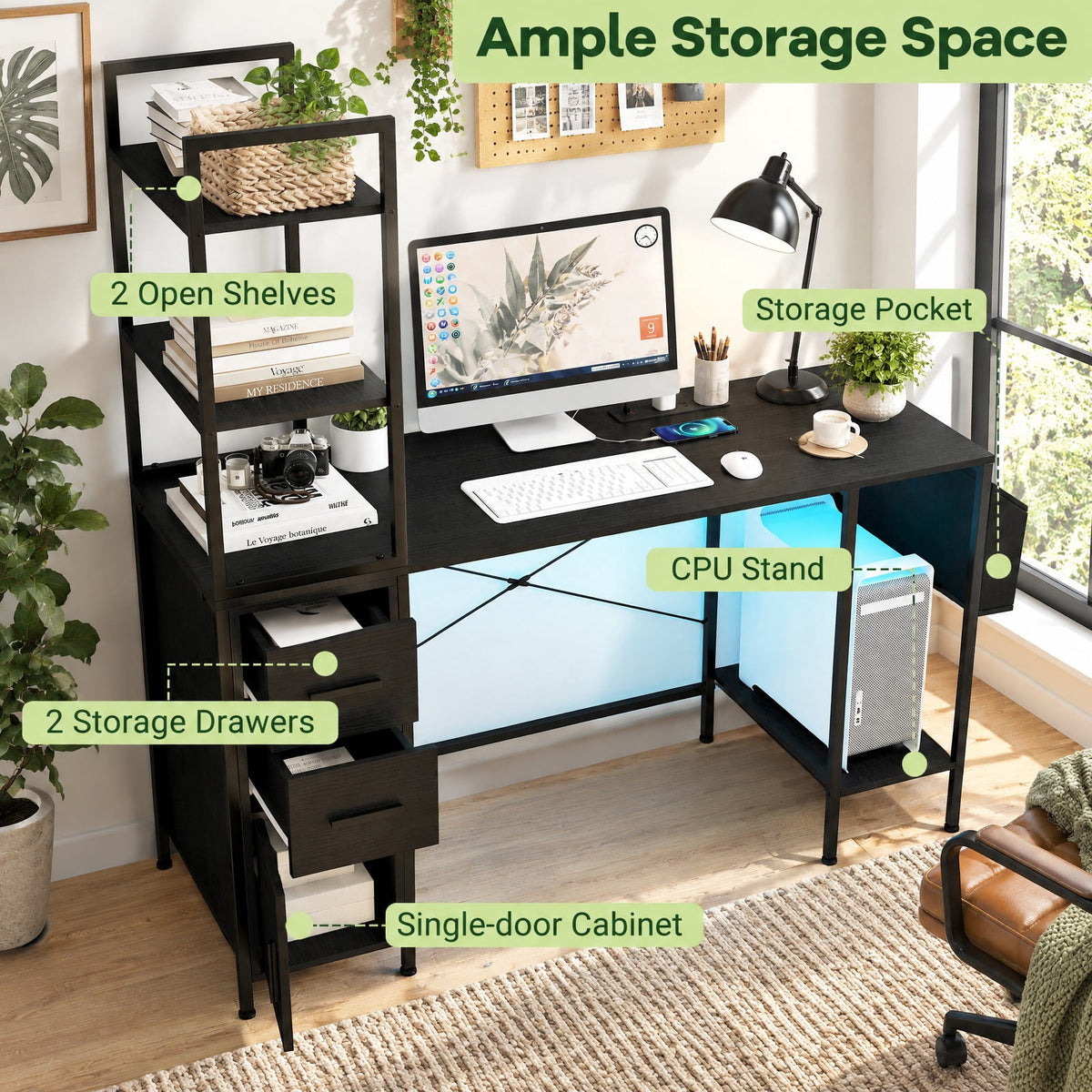 Airfind Office Desk with LED Lights and Power Outlets Computer Desk with Open Shelves, 200 lbs Capacity, Engineered Wood Metal Fabric Frame, Black