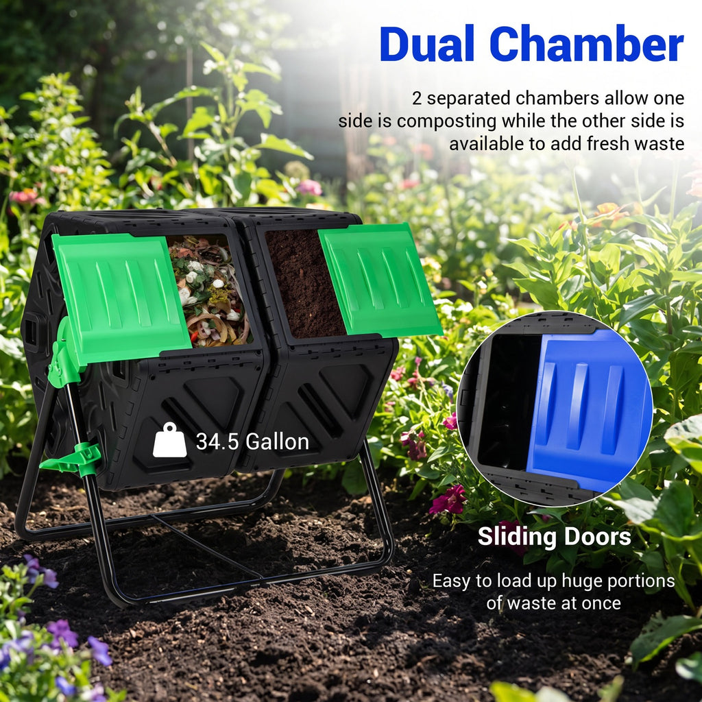 Airfind Dual Chamber Garden Compost Tumbler with Sliding Doors-Black Green, Black, Dimensions 25.5 x 23.5 x 29Size of 2