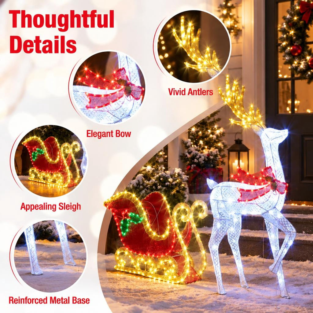 Airfind LED Lighted Christmas Reindeer and Santas Sleigh, Mesh Fabric PVC Metal Frame, 31in x 12in x 5.4 ft Footprint, White Red Green