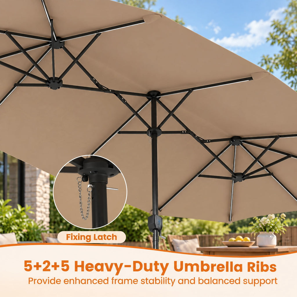 Airfind 13 FT Double-Sided Patio Umbrella with Color-Changing Flowing Solar LED Lights, Polyester Fabric Metal Frame, 13 x 7 ft Footprint, Brown