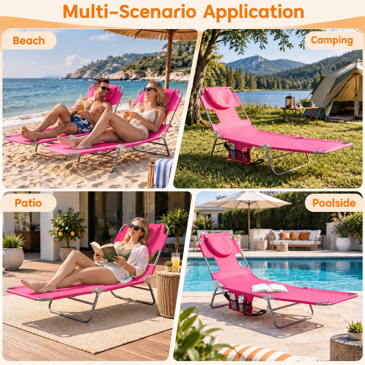 Airfind Folding Beach Lounge Chair with Adjustable Backrest for Lawn, 330 lbs Capacity, Metal Oxford Fabric Polyester Sponge Frame, Pink