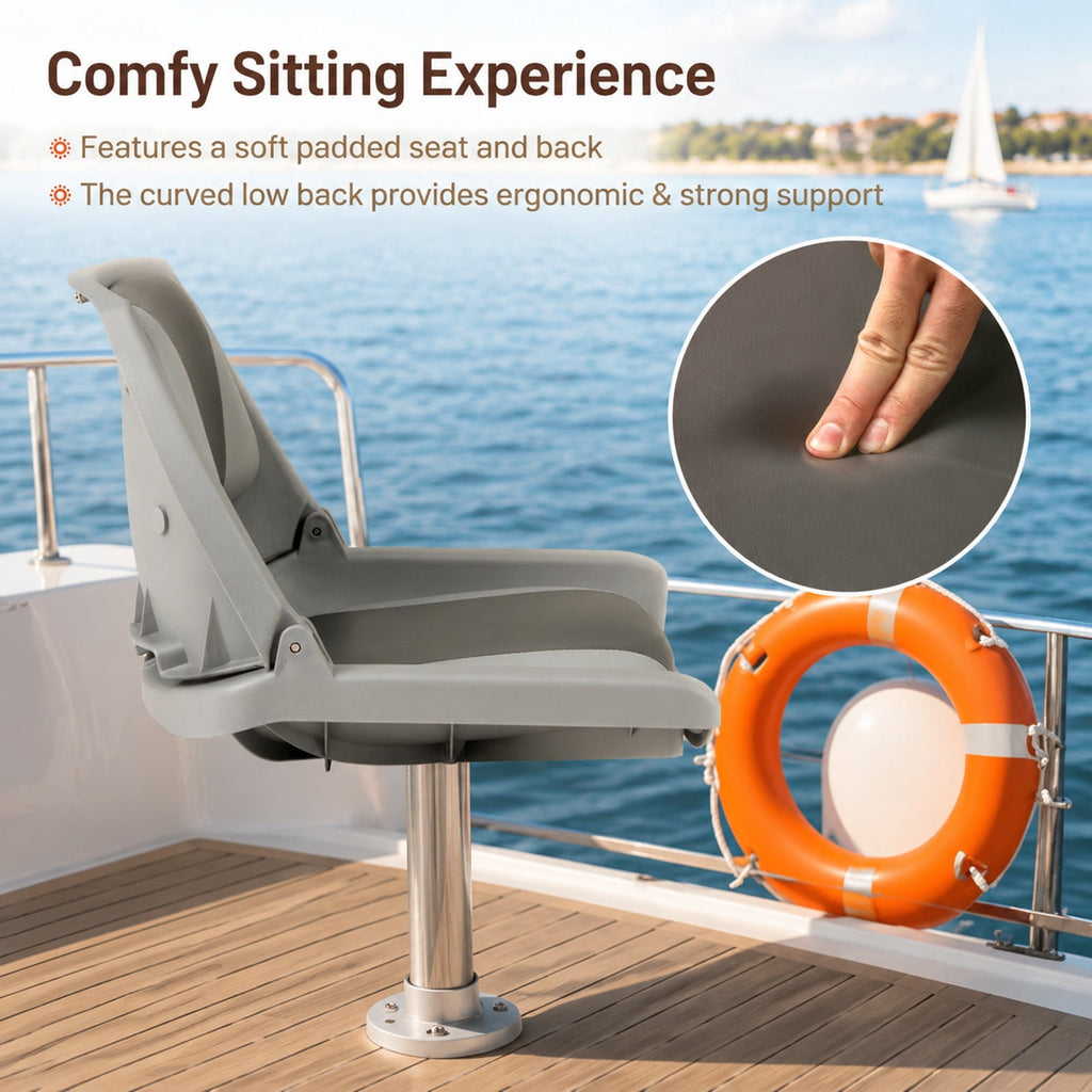 Airfind Folding Low Back Boat Seat with Marine Grade PVC and Sturdy PP Frame for Fishing Boats Pontoons and Marine Cabin Seating, White