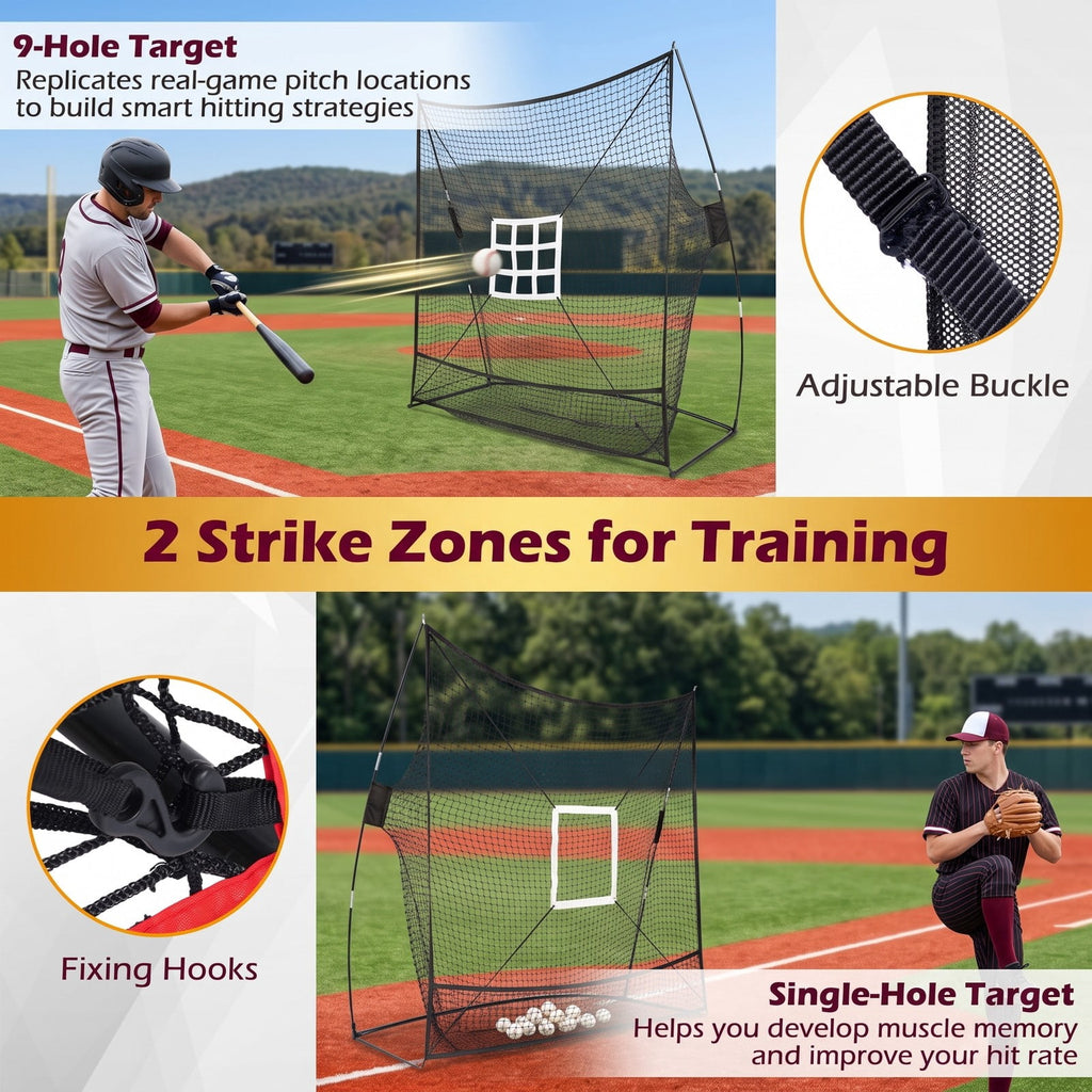 Airfind 7 x 7.4 FT Baseball Practice Net with 2 Strike Zones and Ball Collection System, Portable Pitching Batting Hitting Rebounder for Backyard, Black and Red