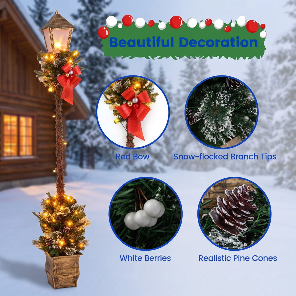 Airfind 6.1 Feet Christmas Pre-lit Street Lamp with Artificial Greenery and Snow-flocked Branch Tips, Metal Plastic Frame, 9in x 9in x 6.1ft Footprint