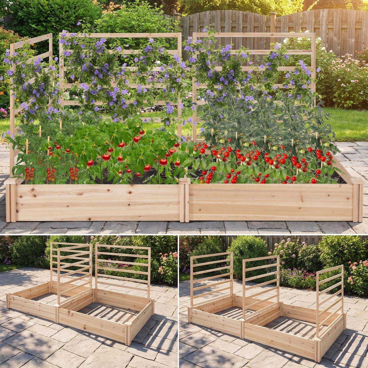Airfind Raised Garden Bed with 2 Planter Boxes and 3 Trellis, Trellis 22 lbs Capacity, Fir Wood Frame, Natural