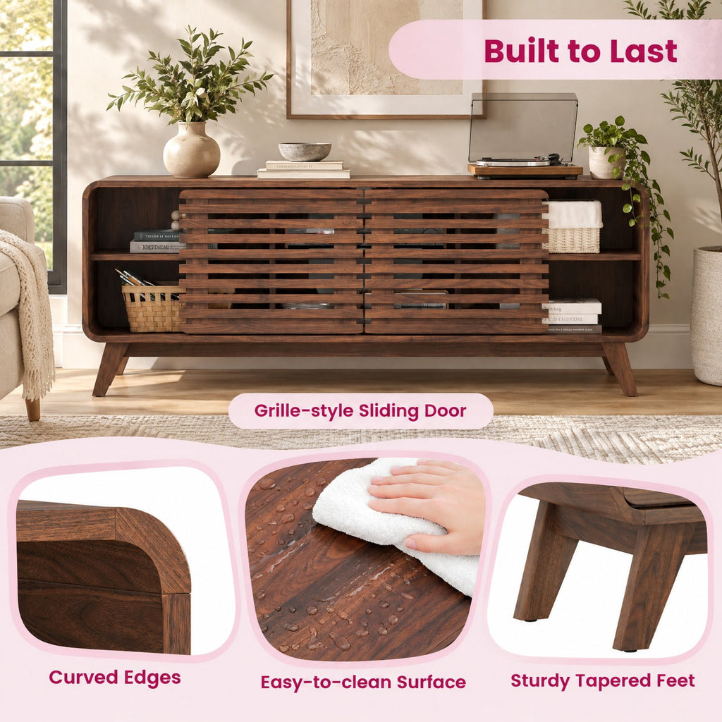 Airfind Mid Century Modern Entertainment Center with Grille-style Sliding Doors for Living Room, 100 lbs Capacity, MDF Engineered Wood Frame, Walnut