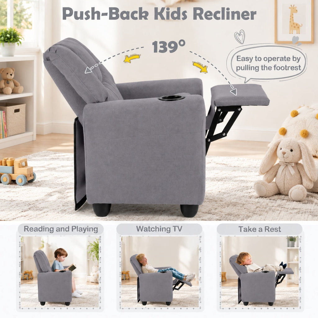 Airfind Kids Recliner Chair Push Back Toddler Reclining Armchair with Cup Holder, 150 lbs Capacity, Wood Frame, for 3+ years old, Gray