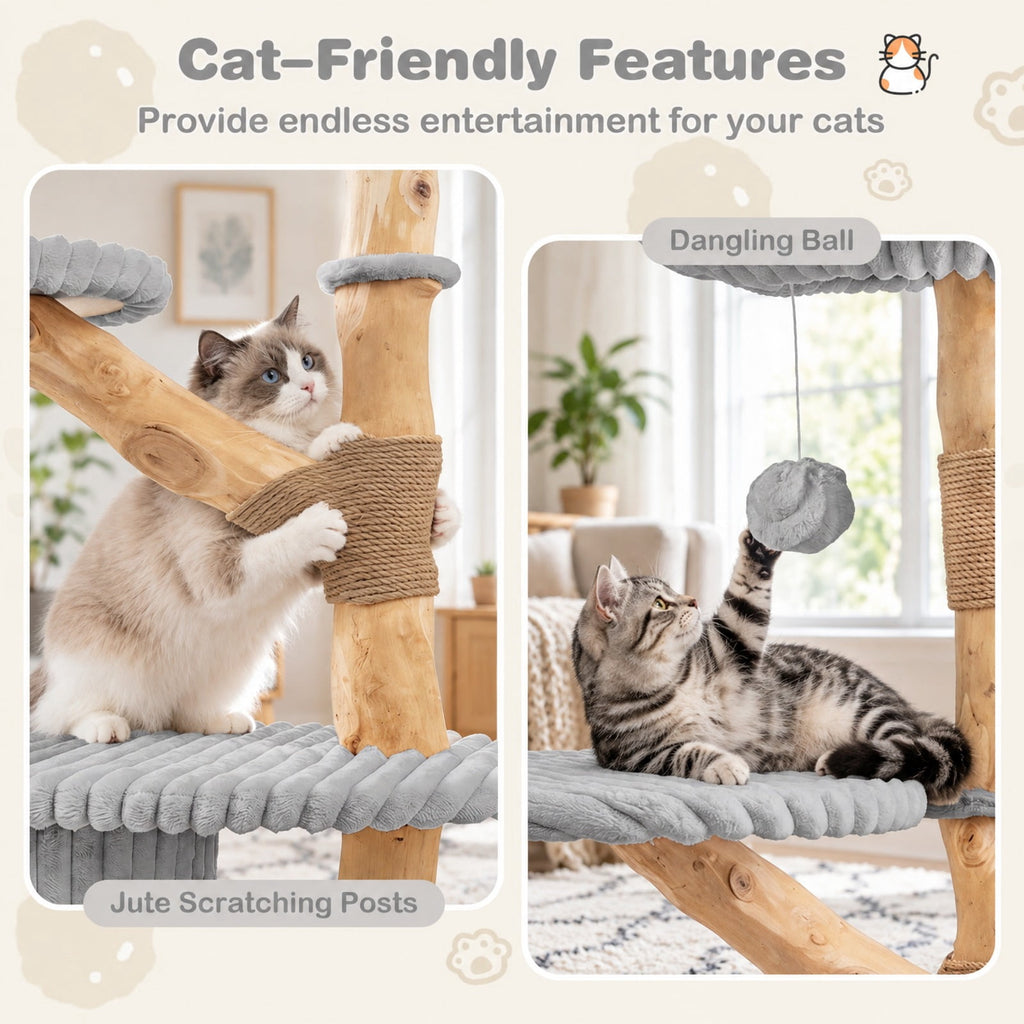 Airfind 41 Inch Tall Modern Cat Tower with Real Wood Branches Scratching Posts for Indoor, Gray, a distinctive shape and rich wood grain