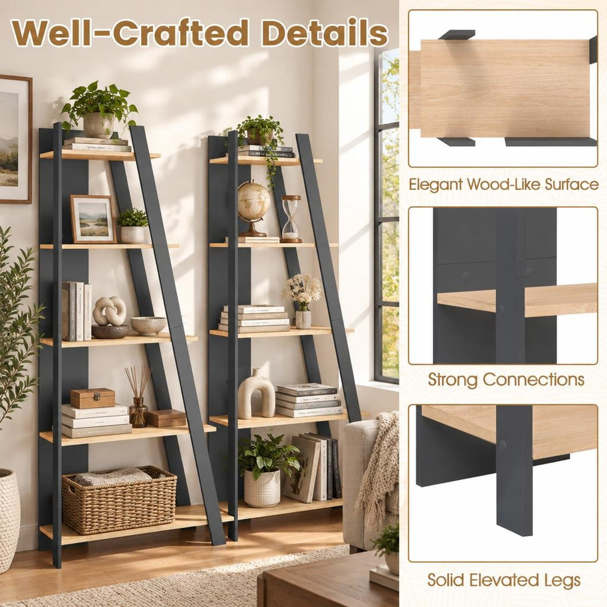 Airfind 5-Tier Modern Bookshelf Narrow Vertical Display Shelf for Small Space, Shelf 51 lbs Total Capacity, Engineered Wood Frame, Gray