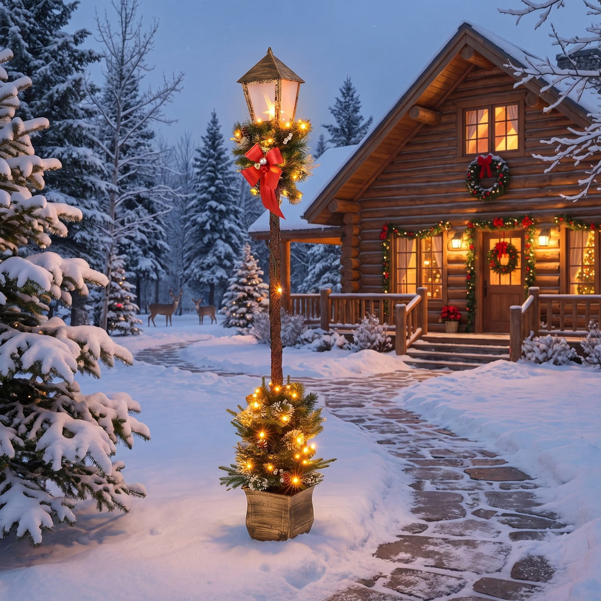 Airfind 6.1 Feet Christmas Pre-lit Street Lamp with Artificial Greenery and Snow-flocked Branch Tips, Metal Plastic Frame, 9in x 9in x 6.1ft Footprint