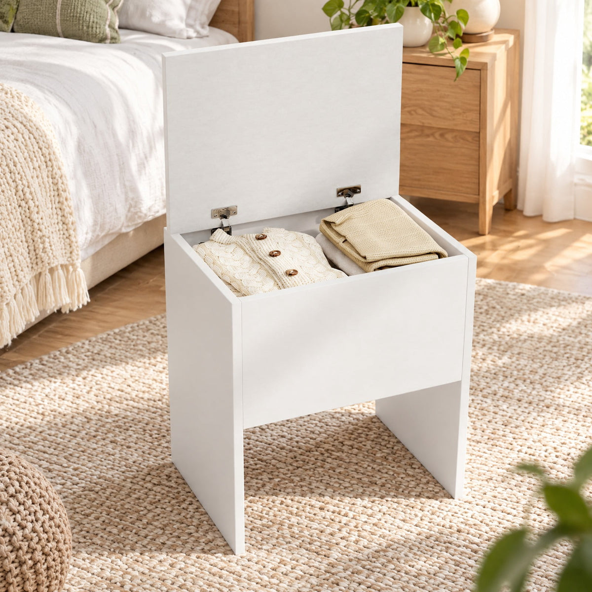 Airfind Vanity Stool Flip Top Storage Stool with Soft Padded Seat, 220 lbs Capacity, Oxford Fabric Frame, White
