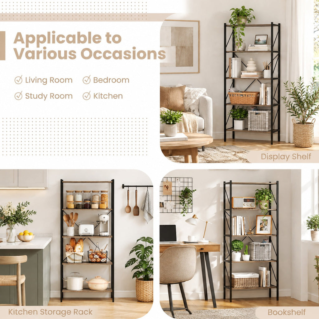 Airfind 5-Tier Bookshelf with Open Shelves and Heavy Duty Metal Frame, 220 lbs Capacity, Metal Engineered Wood Frame, Gray