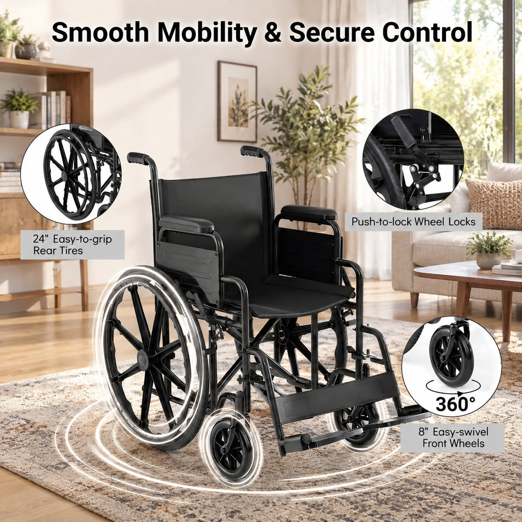 Airfind Lightweight Folding Wheelchair for Adults with Swing-Away Footrest and Desk Arm, 330 lbs Capacity, Metal Faux Leather Nylon Plastic Frame