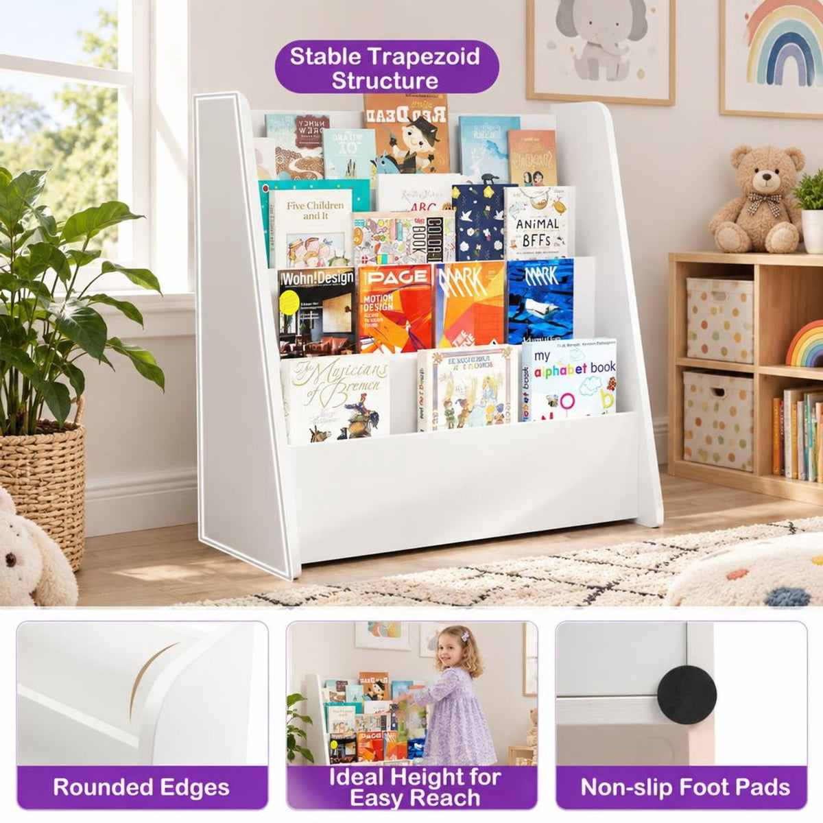 Airfind 4-Tier Kids Bookshelf with Deep Compartments for Bedroom, White, 4 open and deep compartments for book storage