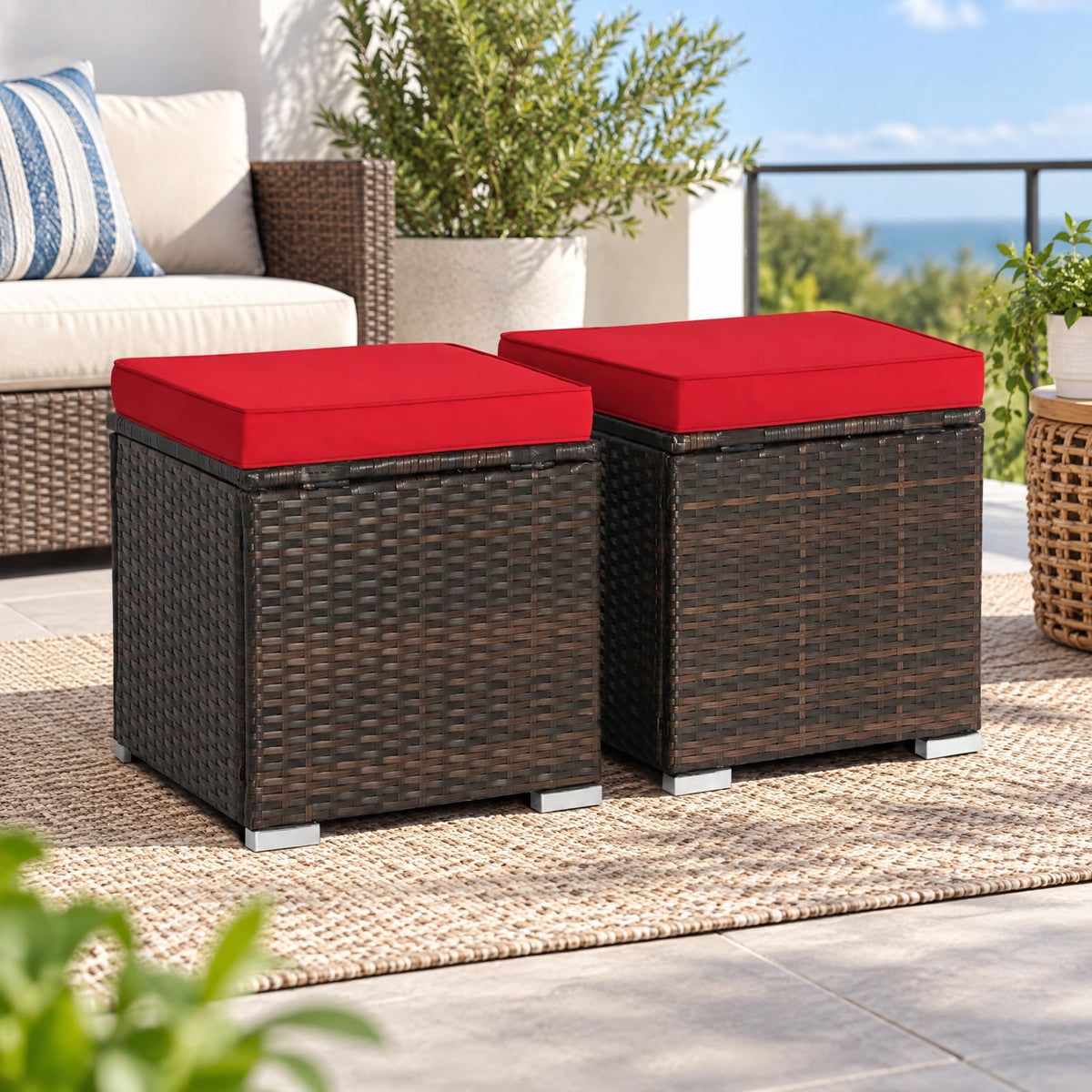 Airfind 2 Pieces Patio Ottoman with Removable Cushions, 350 lbs Capacity, Metal PE Rattan Sponge Polyester Frame, 16 x 16 x 15.5 Footprint, Red