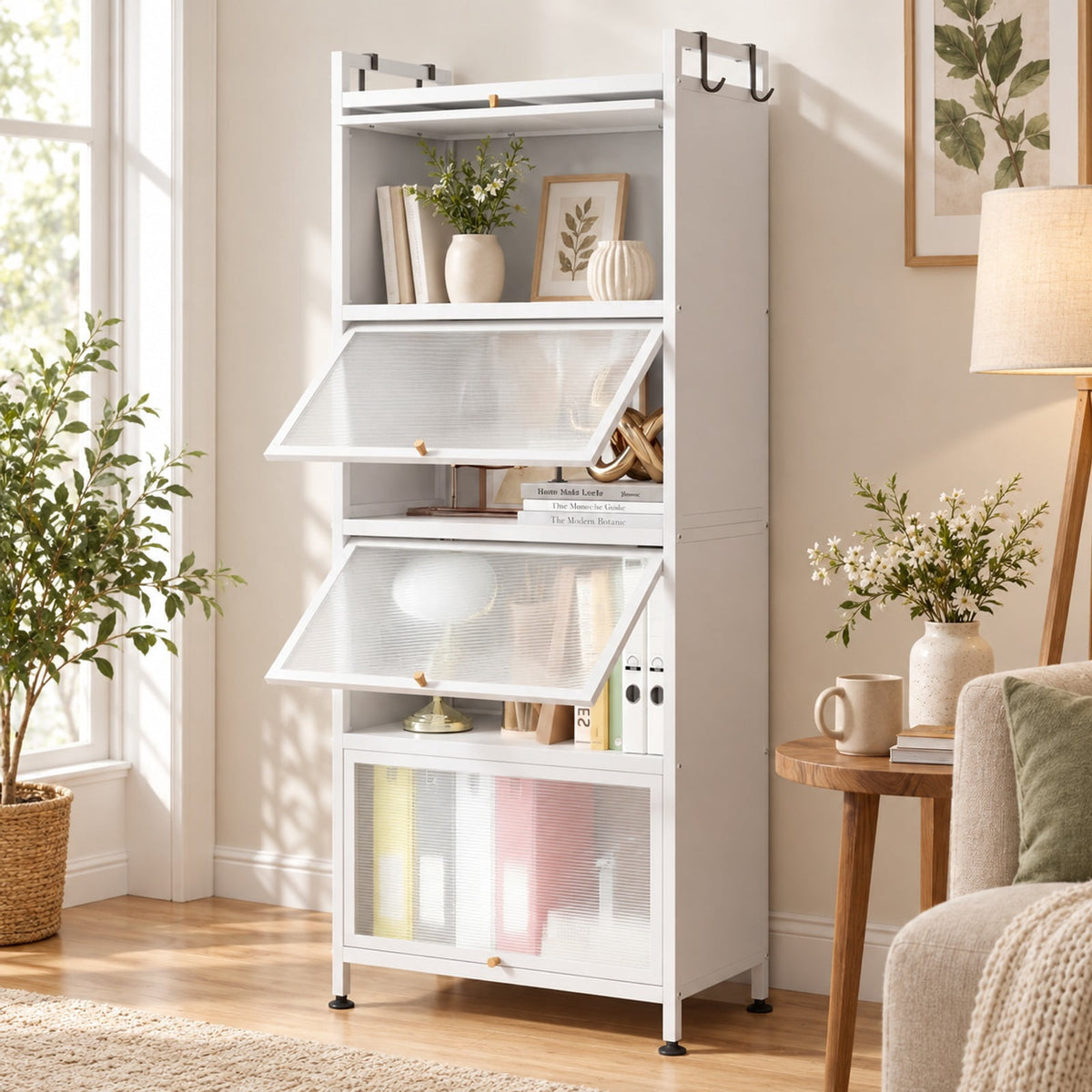 Airfind 5-Tier Kitchen Bakers Rack with Flip-up PC Doors, tier 33 lbs Capacity, Metal PC PP Gray Frame, 23.5 x 12.5 x 60.5 Footprint, White