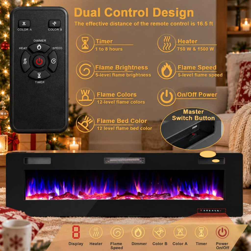 Airfind 68-Inch Electric Fireplace, Recessed or Wall Mounted, 12 Flame Colors, Remote, 1500W, for Living Room for Everyday Use, Black