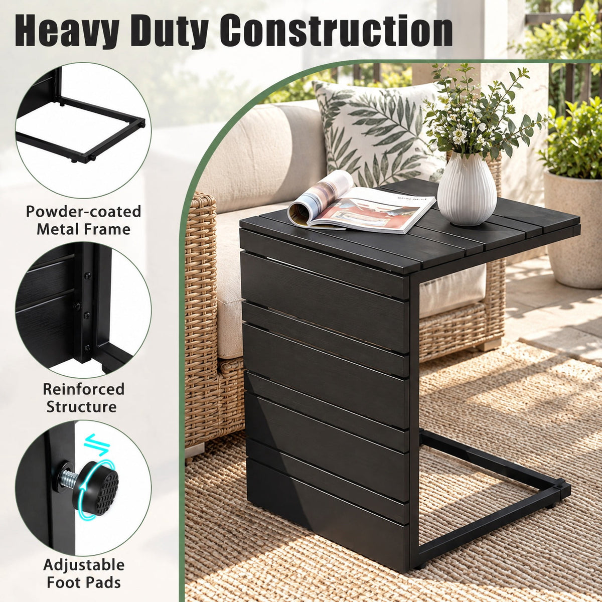 Airfind Space-Saving C-Shaped Side Table with Wood-Plastic Top for Indoor Outdoor, 55 lbs Capacity, Metal PP Frame, 15 x 14.5 x 21 Footprint