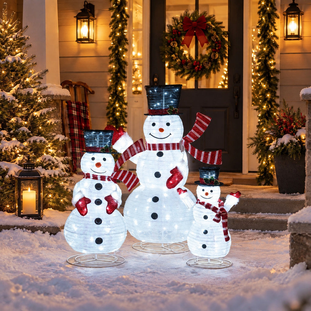 AIRFIND Pre Lit Snowman Decorations Set of 3, 3D Outdoor Christmas Display with Metal Frames and 270 LED Lights, Multi Color