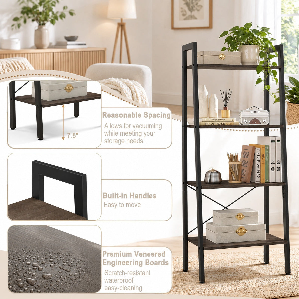 Airfind 4-Tier Bookshelf with Metal Frame and Adjustable Foot Pads, 200 lbs Capacity, Metal Engineered Wood Frame, Grey Oak