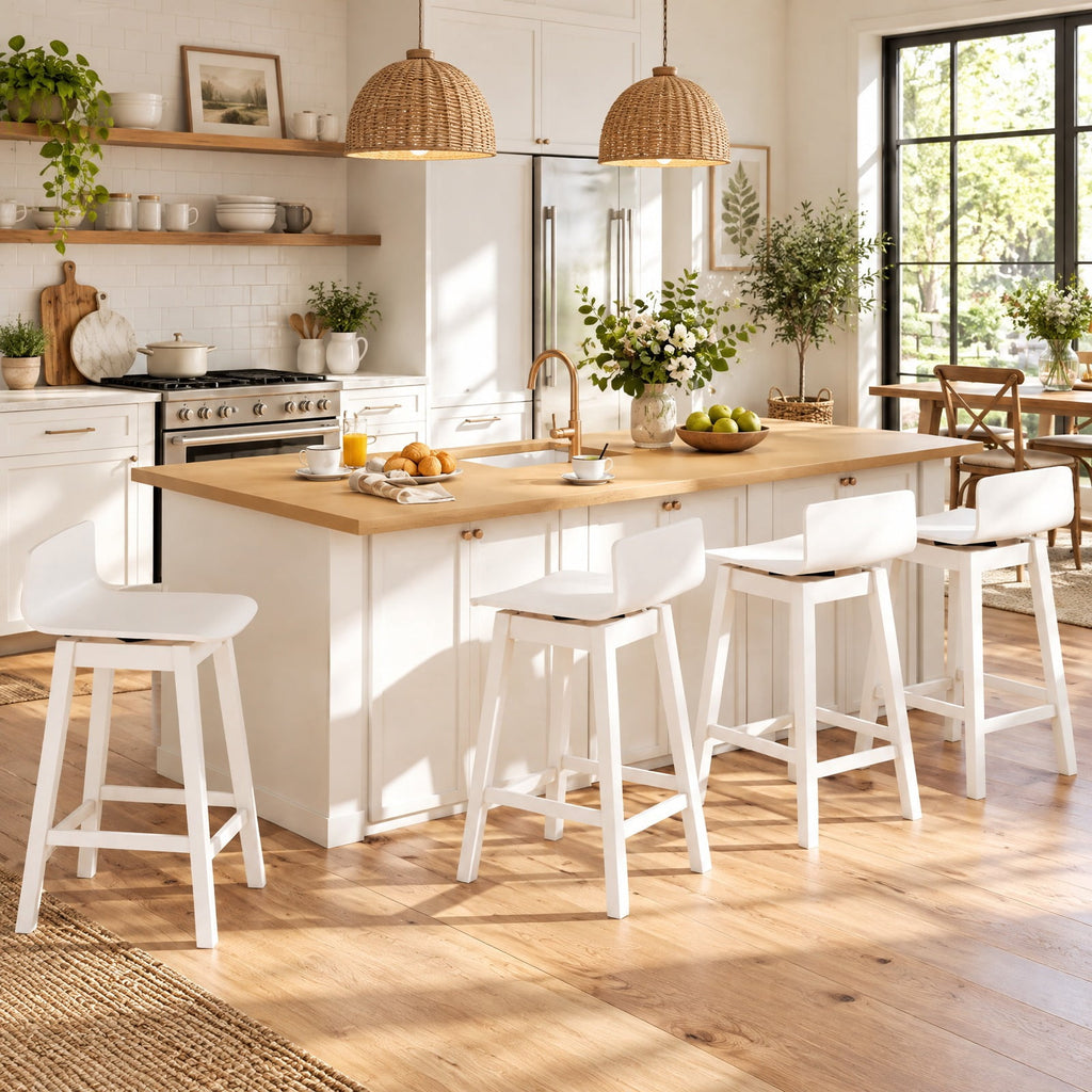 Airfind 24.5 Inch Swivel Wooden Bar Stools Set of 4 with Rubber Wood Legs and Low Back, 350 lbs Capacity, Rubber Wood Plywood Frame, White