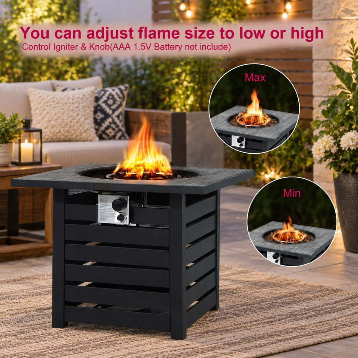 Airfind Square Propane Fire Pit Table with Lava Rocks and Rain Cover, 150 lbs Capacity, Ore powder steel stainless steel Frame, Black