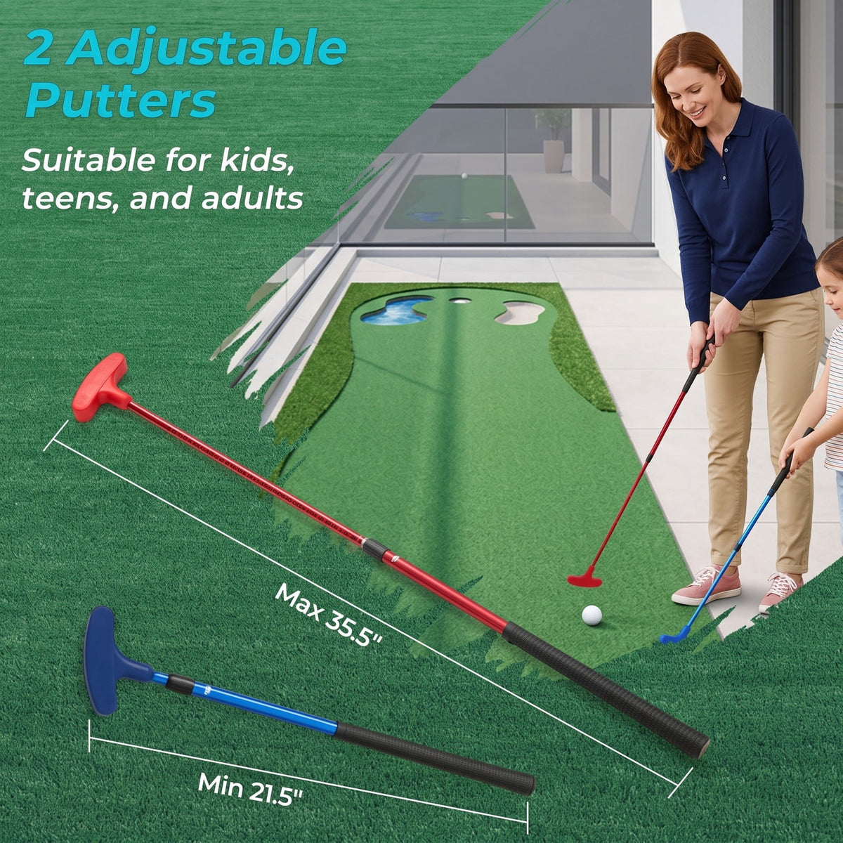 Airfind 11 FT Indoor Outdoor Golf Putting Green Mat Set with 2 Adjustable Putters and 6 Balls, Carry Bag Included, Green