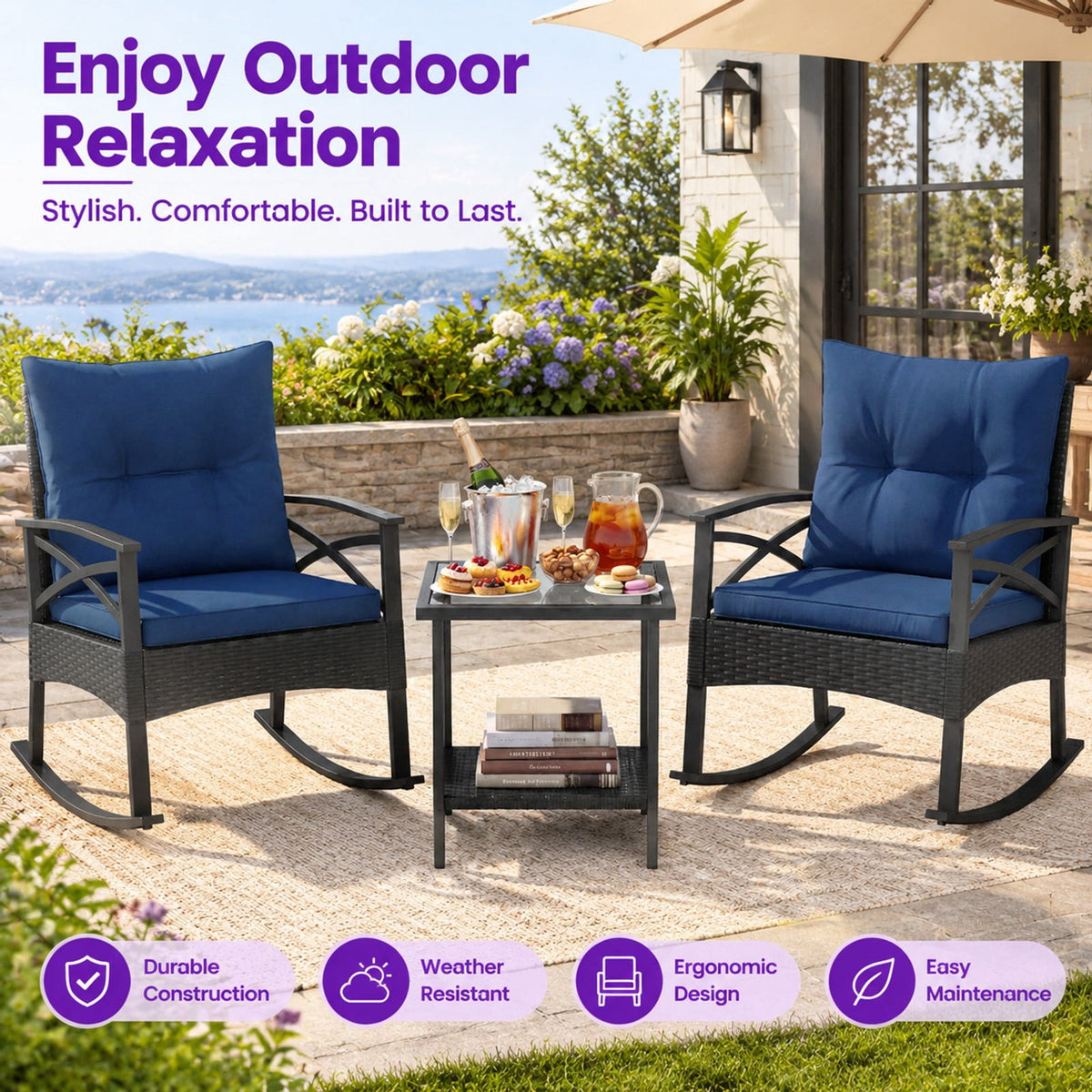 Airfind 3 Pieces Outdoor Rattan Rocking Chairs Set with 2-Tier Side Table for Garden Backyard, Table 100 lbs Capacity, 18 x 18 x 18.5 Footprint