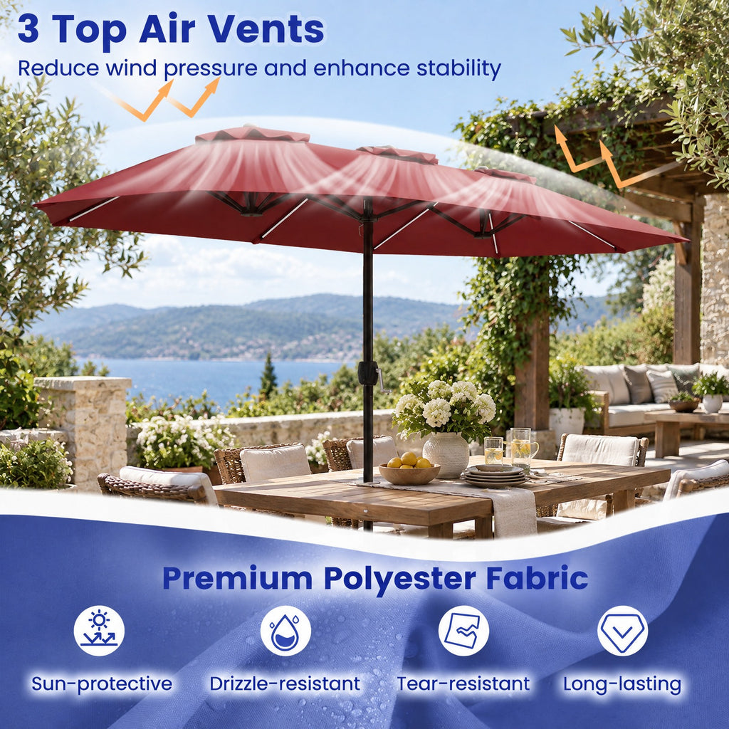 Airfind 13 FT Double-Sided Patio Umbrella with Color-Changing Flowing Solar LED Lights, Polyester Fabric Metal Frame, 13 x 7 ft Footprint, Red