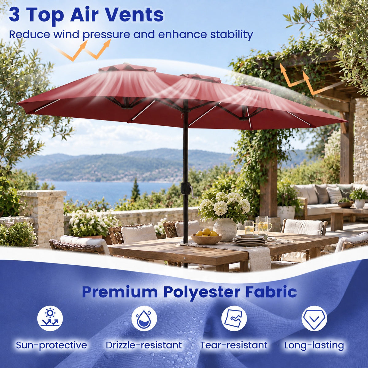 Airfind 13 FT Double-Sided Patio Umbrella with Color-Changing Flowing Solar LED Lights, Polyester Fabric Metal Frame, 13 x 7 ft Footprint, Red
