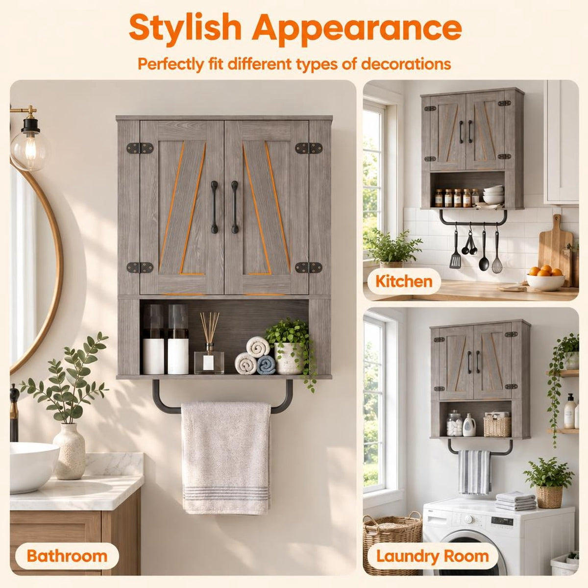 Airfind Bathroom Wall Cabinet with 2 Barn Doors and Towel Bar and 3-Tier Wooden Storage, 11 lbs Capacity, Engineered Wood MDF Metal Frame, Gray