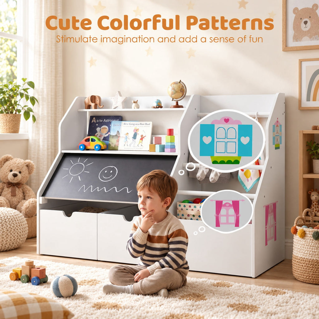 Airfind Kids Toy Storage Organizer with Flip-up Blackboard, Engineered Wood Pine Wood Frame, for 3+ Years Old, 41 Inch x 16 Inch x 28 Inch Footprint, White