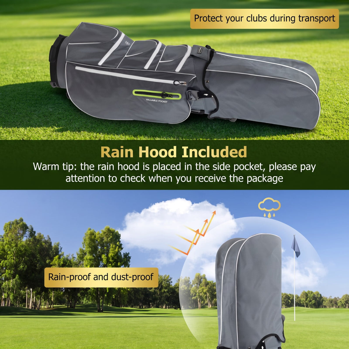 Airfind 9.5 Inch Lightweight Golf Cart Bag with 15 Way Top Dividers and 7 Zippered Pockets and Cooler Bag and Rain Hood, Green