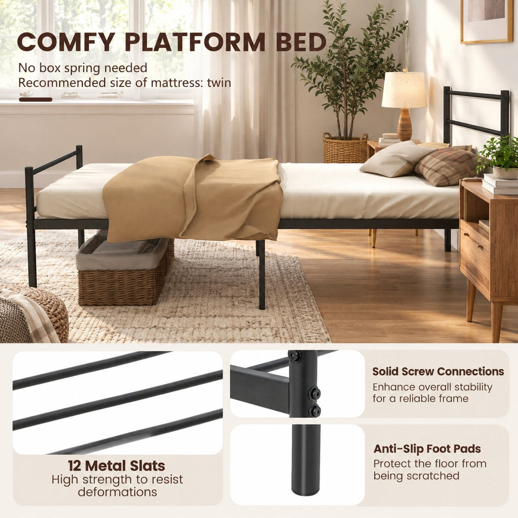 Airfind Twin Size Metal Bed Frame Platform with Headboard, 490 lbs Capacity, Steel Frame, 77.5 x 41 x 35.5 Footprint, Black