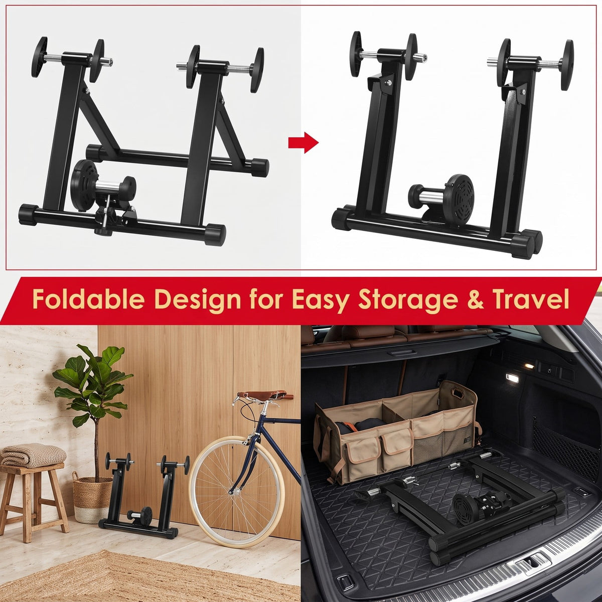 Airfind Portable Folding Steel Bike Trainer Stand, Indoor Exercise Cycling Training Frame with Front Wheel Riser Block and Quick Release for 26-28 Inch Wheels, Black