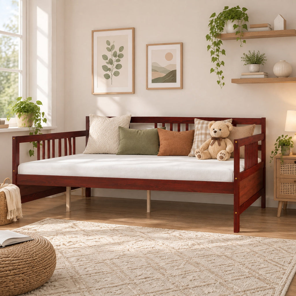 Airfind Classic Wooden Full Size Daybed Frame with Guardrails, 250 lbs Capacity, Pine wood plywood MDF Frame, Brown