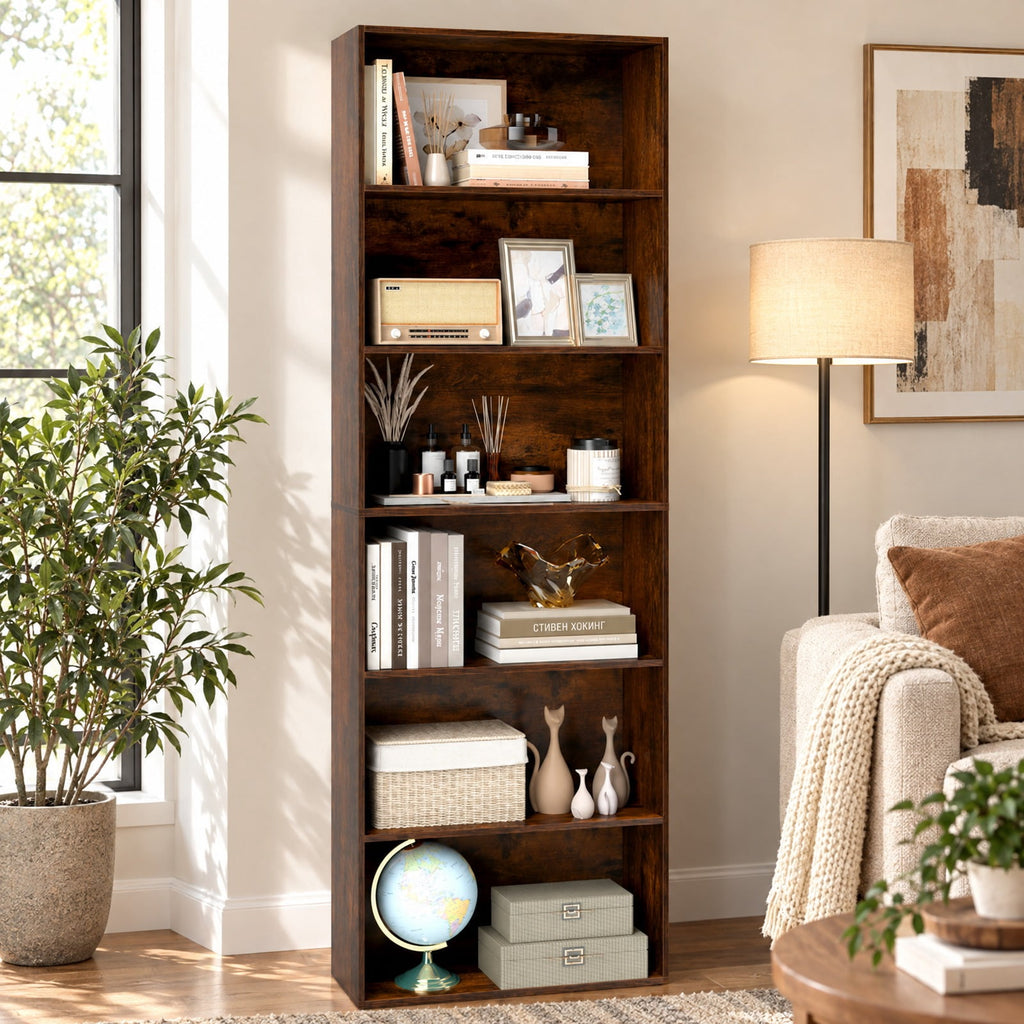 Airfind 6-Tier Bookcase with 6 Open Shelves and Anti-Toppling Kits, 200 lbs Capacity, MDF Engineered Wood Frame, 23.5in x 9.5in x 70in Footprint, Brown