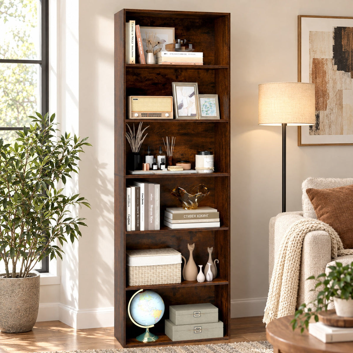 Airfind 6-Tier Bookcase with 6 Open Shelves and Anti-Toppling Kits, 200 lbs Capacity, MDF Engineered Wood Frame, 23.5in x 9.5in x 70in Footprint, Brown