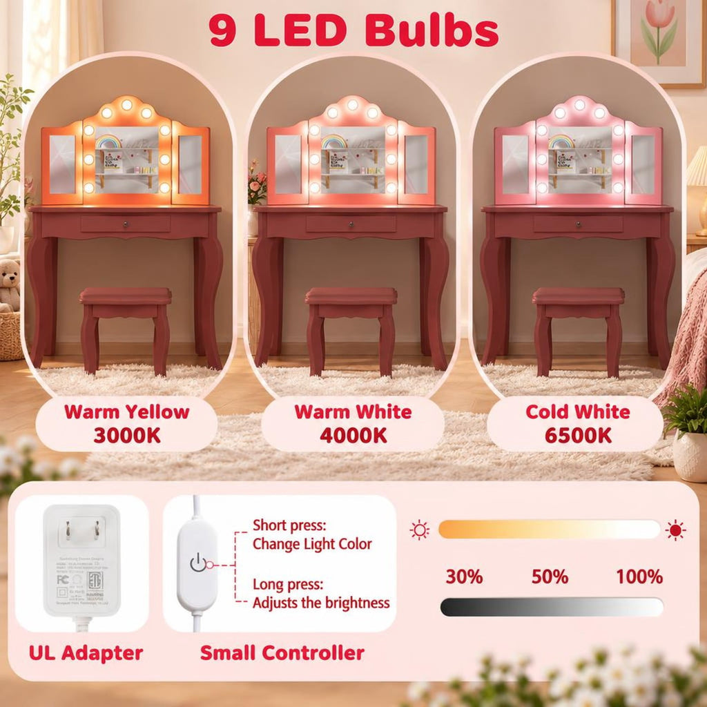 Airfind Kid Vanity Table Stool Set with Tri-Folding Mirror and 3-Color LED Lights, 66 lbs Capacity, P2 MDF Glass Frame, for 3+ Years Old, Pink