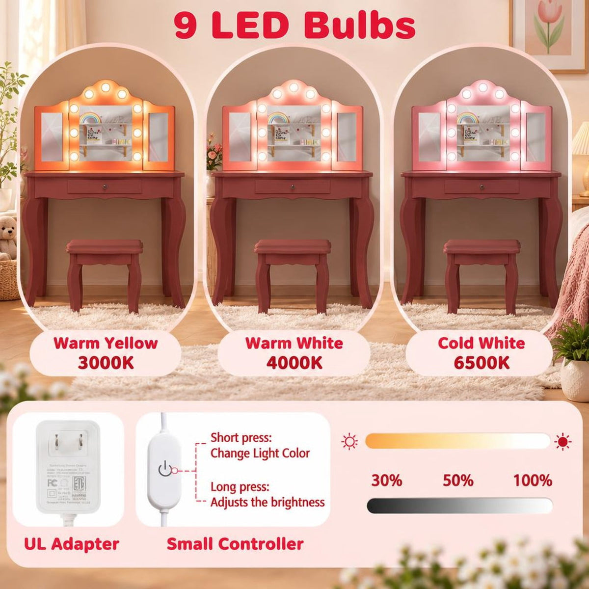 Airfind Kid Vanity Table Stool Set with Tri-Folding Mirror and 3-Color LED Lights, 66 lbs Capacity, P2 MDF Glass Frame, for 3+ Years Old, Pink