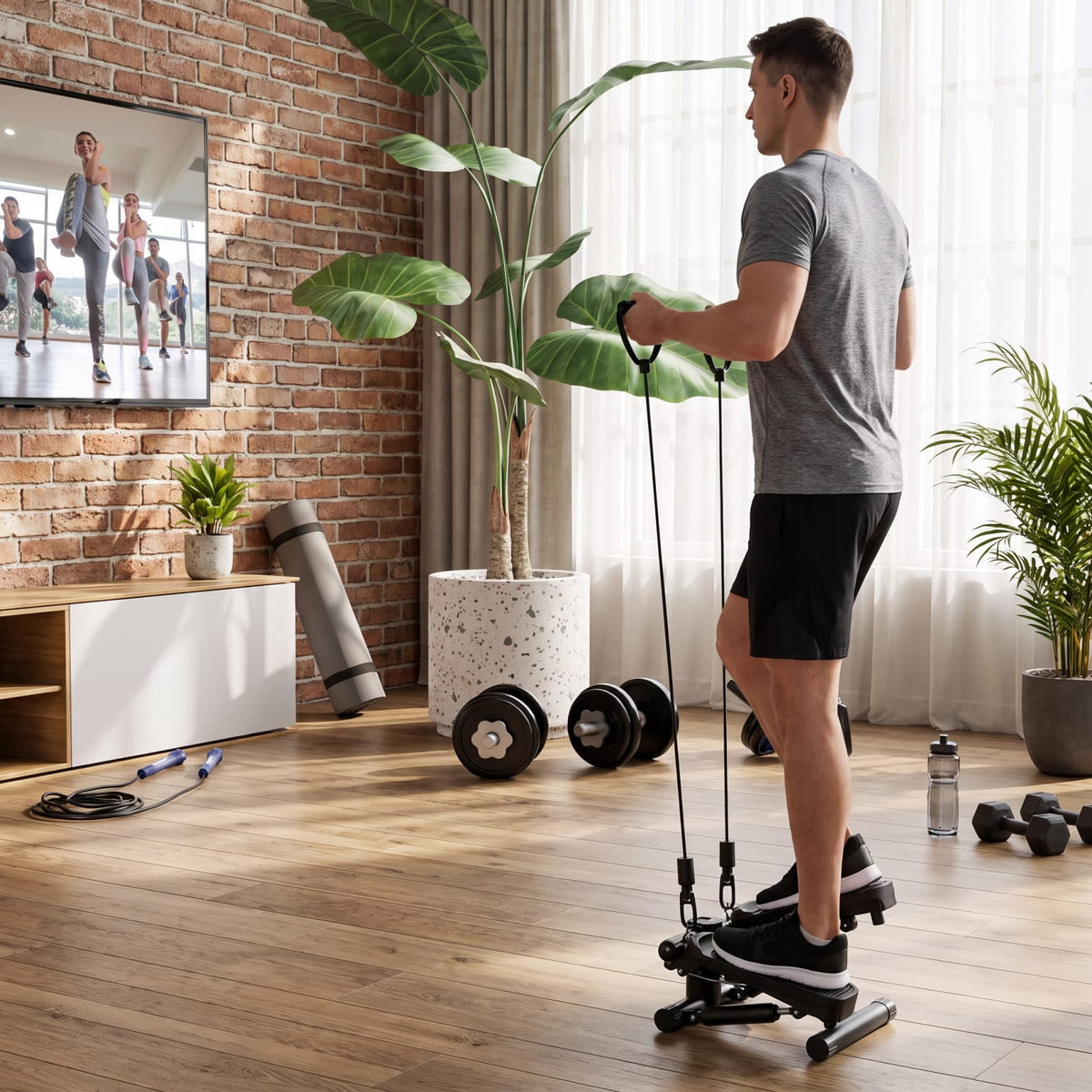 Airfind Mini Stepper Machine with Resistance Bands and Adjustable Height for Home Cardio Leg and Full Body Exercise, Black