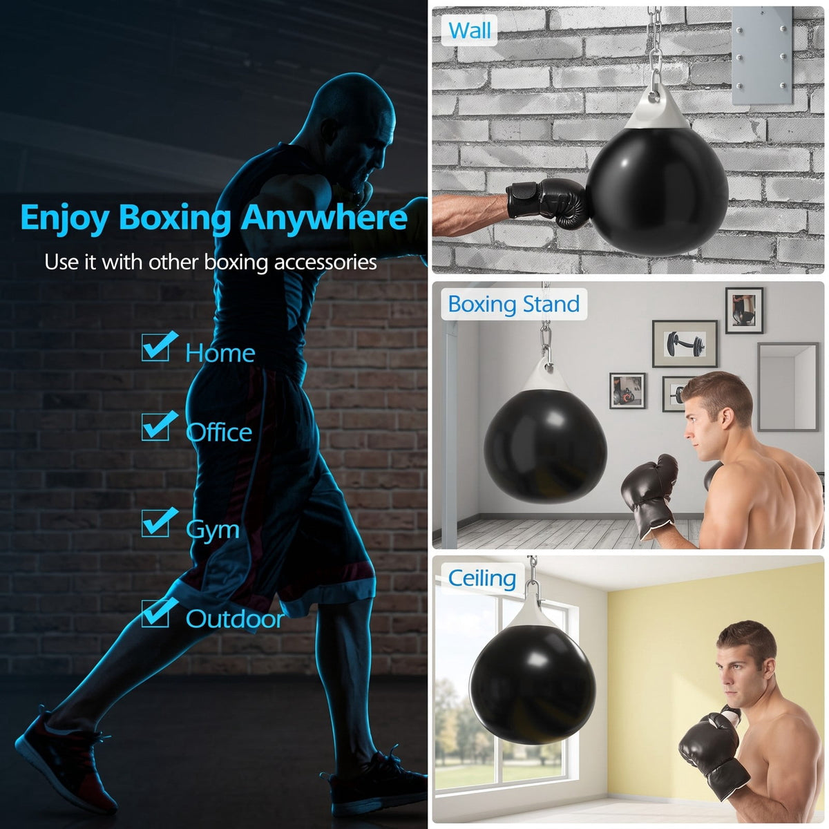 Airfind 18 Inch 110 lb Heavy Aqua Water Punching Bag with Adjustable Metal Chain and Water Injector for Home Gym Boxing MMA Training, Black