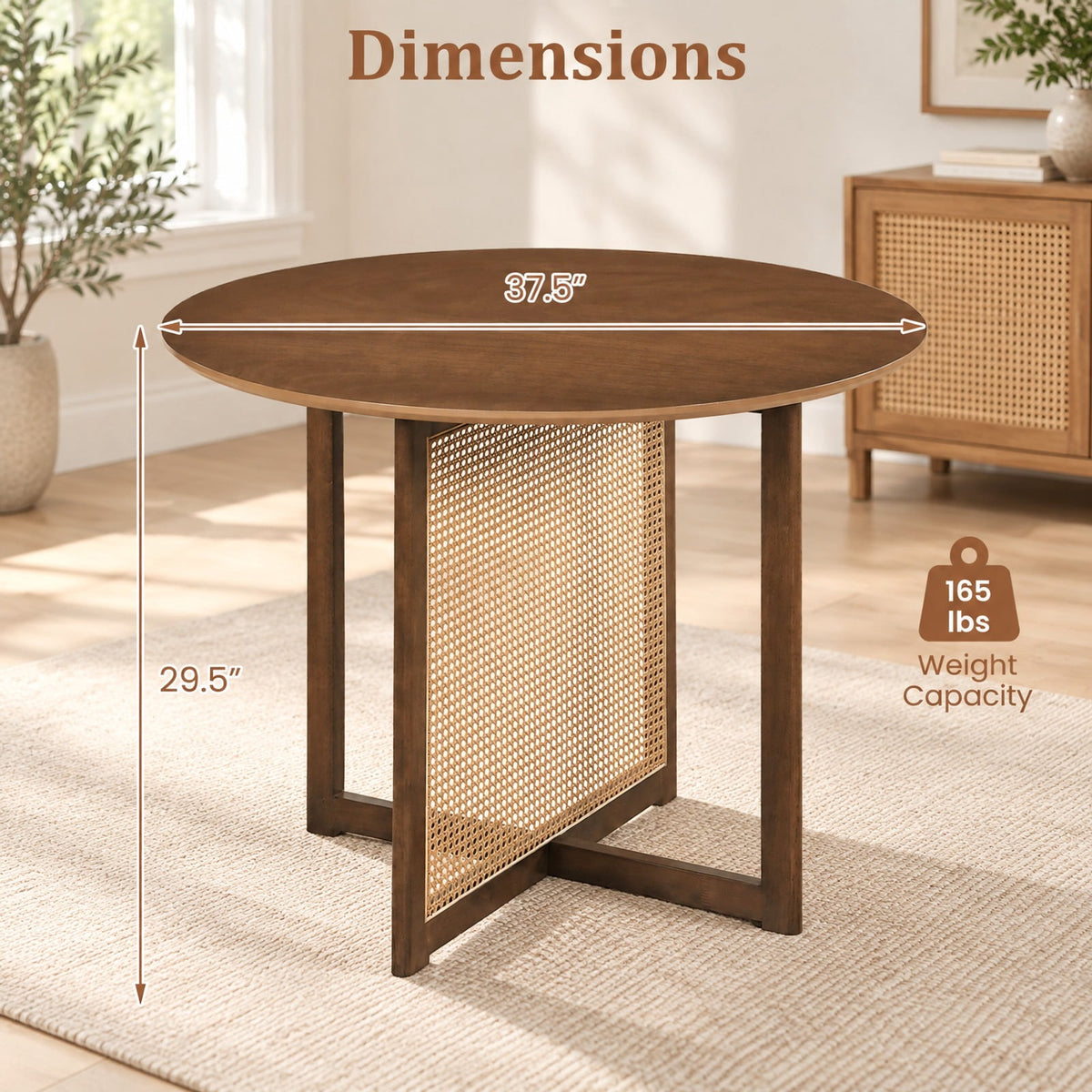 Airfind 37.5 Inch Round Dining Table with Cross Pedestal Base, 165 lbs Capacity, MDF Rubber Wood PE Rattan Frame, 37.5 x 29.5 Footprint, Walnut